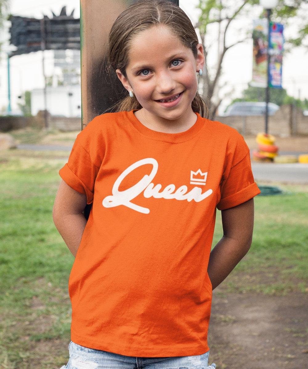 Oranje Koningsdag T-Shirt Kind Queen White (9-11 jaar - MAAT 134/140) | Oranje kleding & shirts | Feestkleding